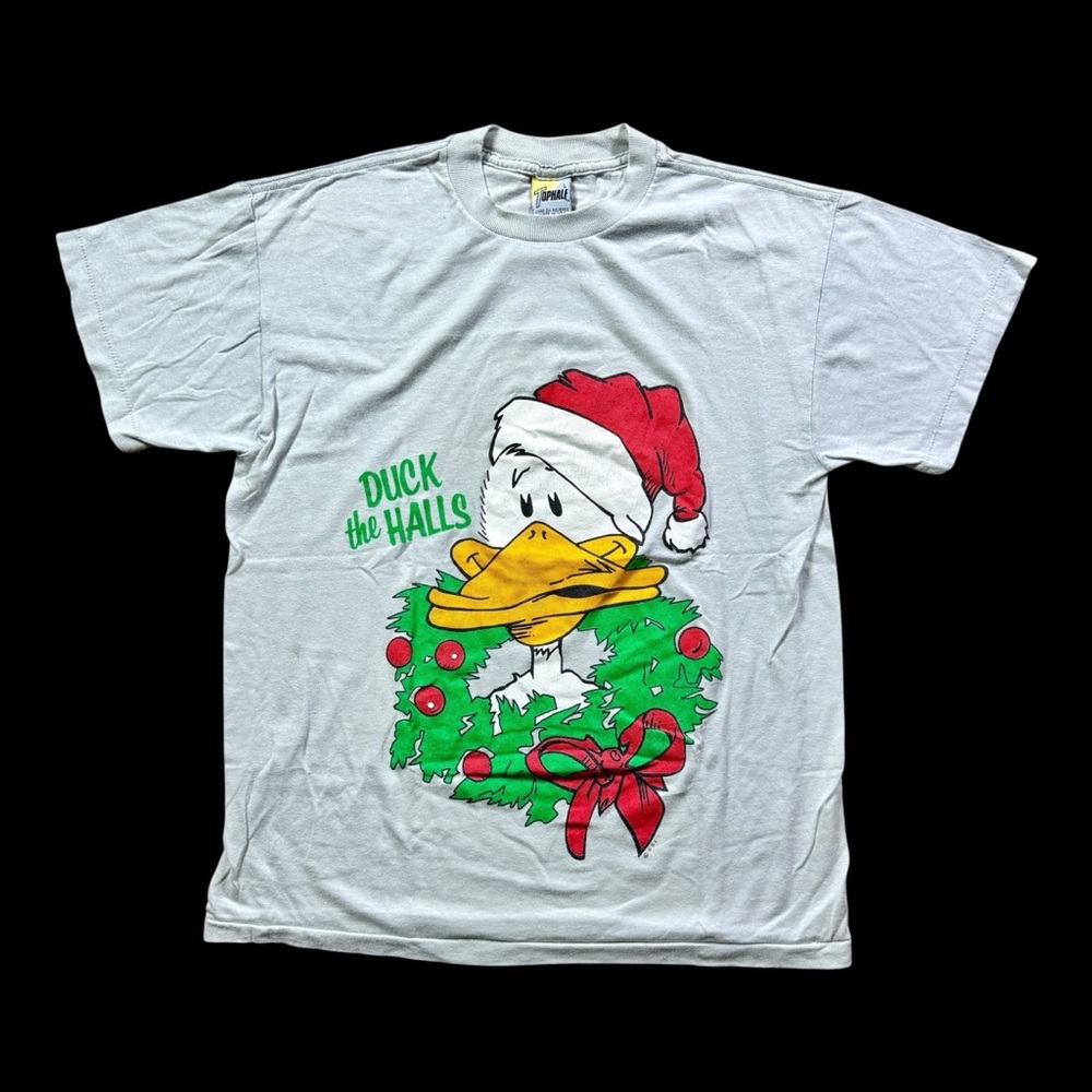 Vintage 80s Duck the Halls Christmas T-Shirt Mens Size Large Top Half USA Made